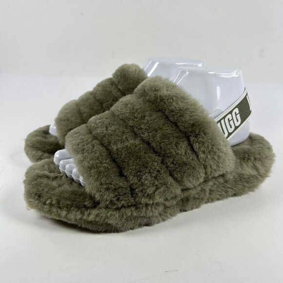 UGG Women's Fluff Yeah US 7 Army Green Platform Slide Fur Sandals - Picture 1 of 10